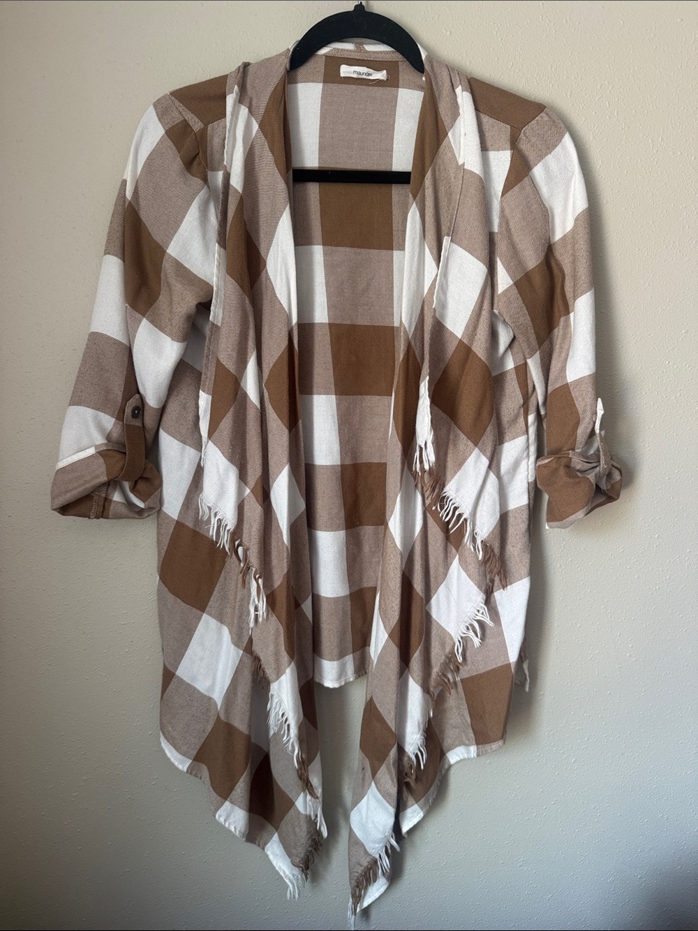 Maurices Brown and White Plaid Cardigan with Fringe